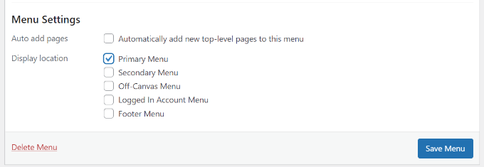 menu settings WordPress